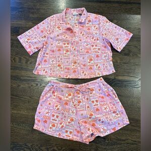 Sigrid Olsen Tropical Palm Print Pajama Set M Pink Orange Beachy Summer Coastal